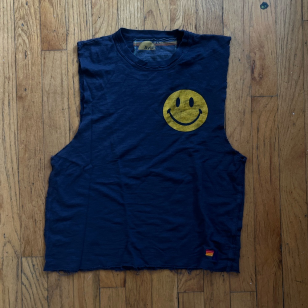 Aviator Nation Dark Grey Sleeveless Tee with Yellow Smiley Face